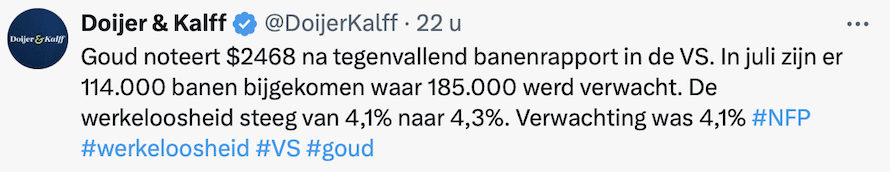 Goud stijgt na tegenvallend banencijfer en hogere werkeloosheid in de VS