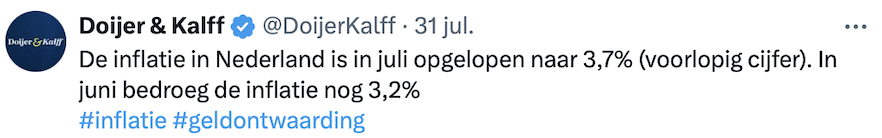 Inflatie Nederland naar 3,7% in juli 2024