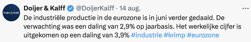 Industriële productie in de eurozone in juli slechter dan verwacht