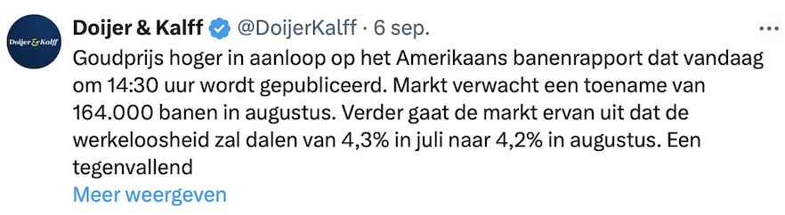 Goudprijs stijgt in aanloop naar banencijfer VS