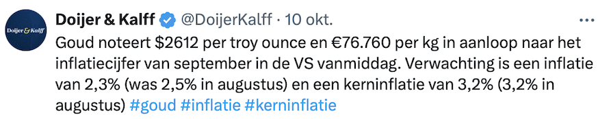 Goudprijs noteert $2612 in aanloop naar inflatiecijfer VS